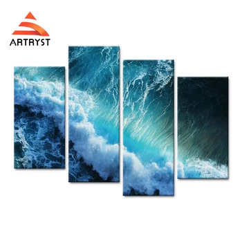 

4panel modular art wall modern home decor blue tumbling sea view canvas painting picture HD print on the canvas for living room