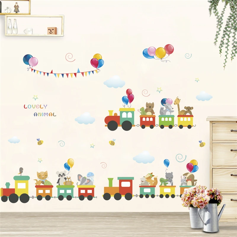 

lovely animals train wall stickers for kids rooms nursery home decor accessories cartoon wall decals pvc mural art diy poster