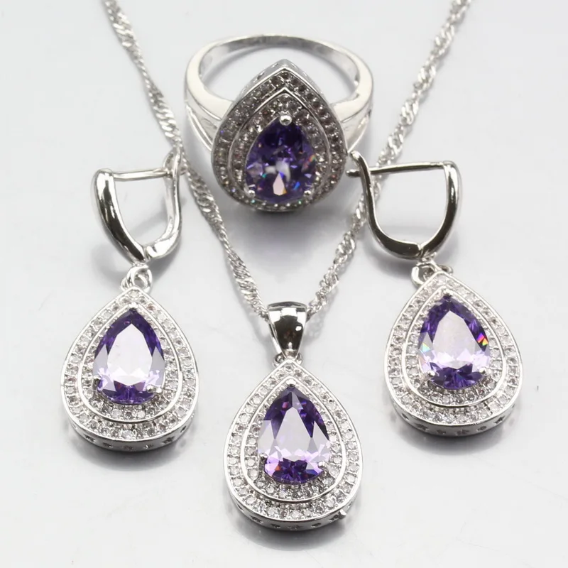 

Manny Trinket Water Drop Purple Zircon 925 Silver Jewelry Sets Ring Earrings Pendant Necklace Chain Women Wedding Decoration