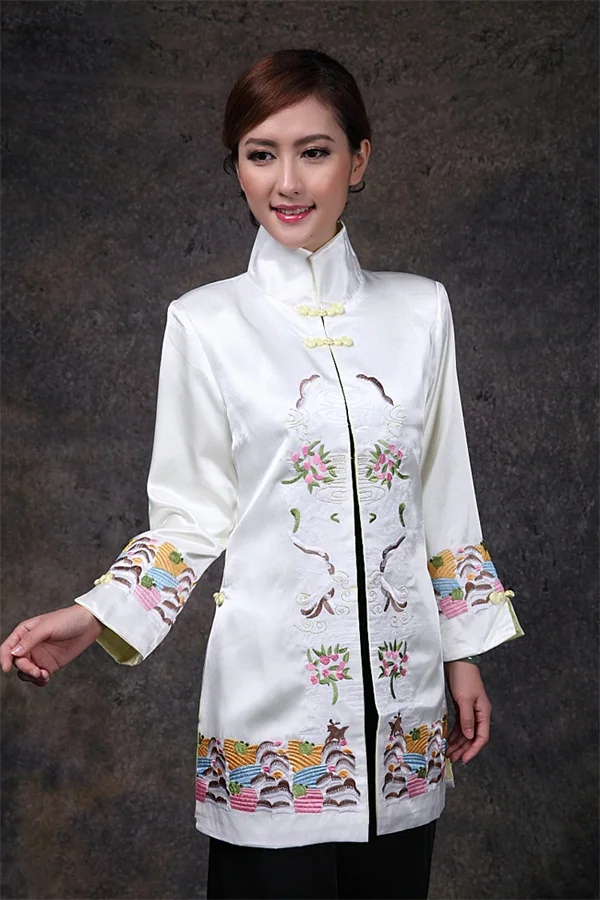 White 2017 NEW Chinese Women's Satin Long Jacket Classic Style V Neck