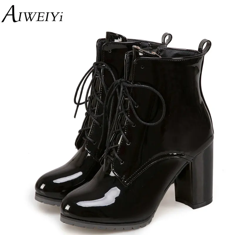 

AIWEIYi Winter Snow Boots Fashion Autumn Women Shoes PU Patent Leather Lace Up Female Boots Platform Boots 2018 Woman Shoes