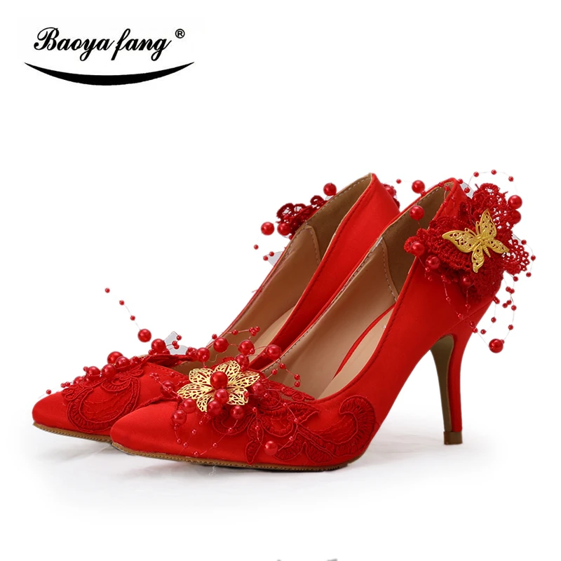 

BaoYaFang Red flower Bowtie Womens wedding shoes Bride Bridesmaid dress shoes woman pointed toe 8cm low heel Pumps