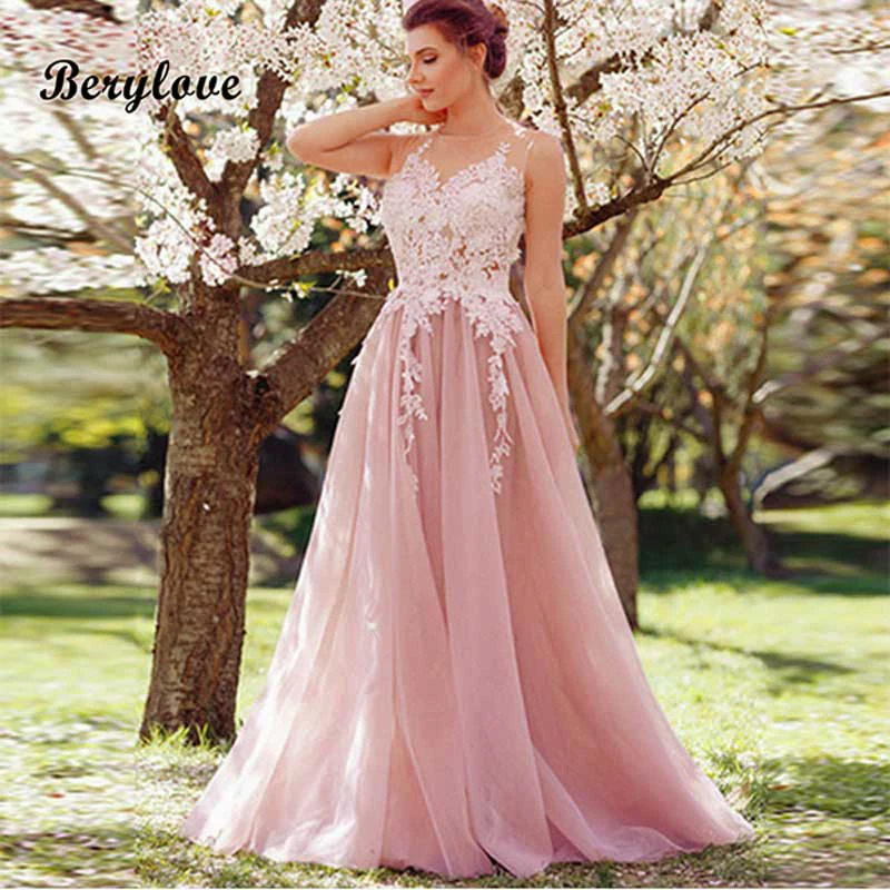 

Elegant Long Pink Formal Evening Dresses 2019 Tulle Lace Evening Gowns Women Cheap Prom Dress For Evening Vestido de noche