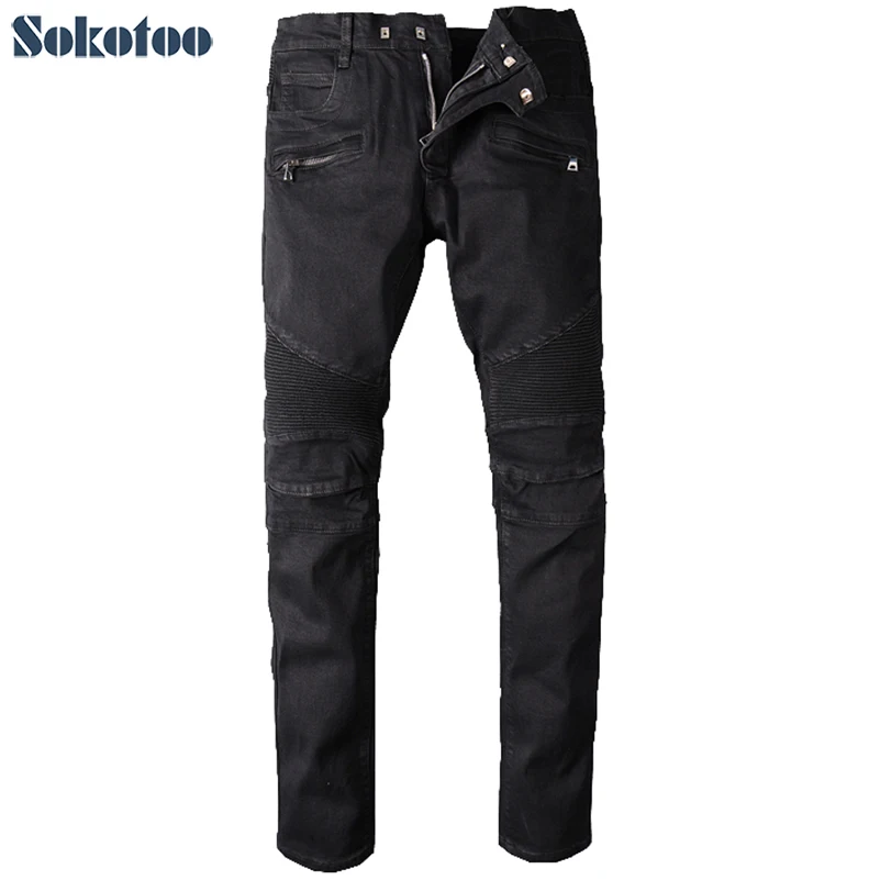 Sokotoo mannen big size black biker jeans voor moto Casual klassieke stretch denim broek Lange broek