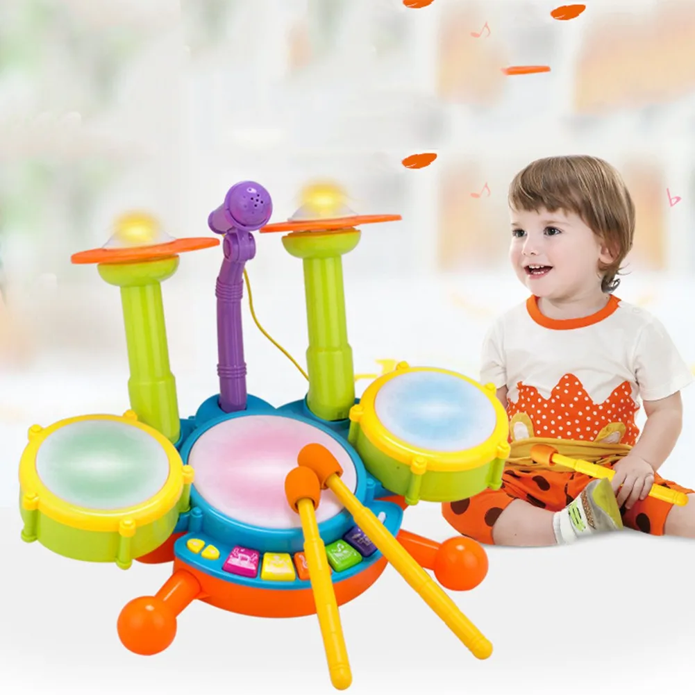

RCtown Kids Dynamic Flash Light Toy Drum Set with Adjustable Microphone Developmental Toy for Boys and Girls best gift zk30