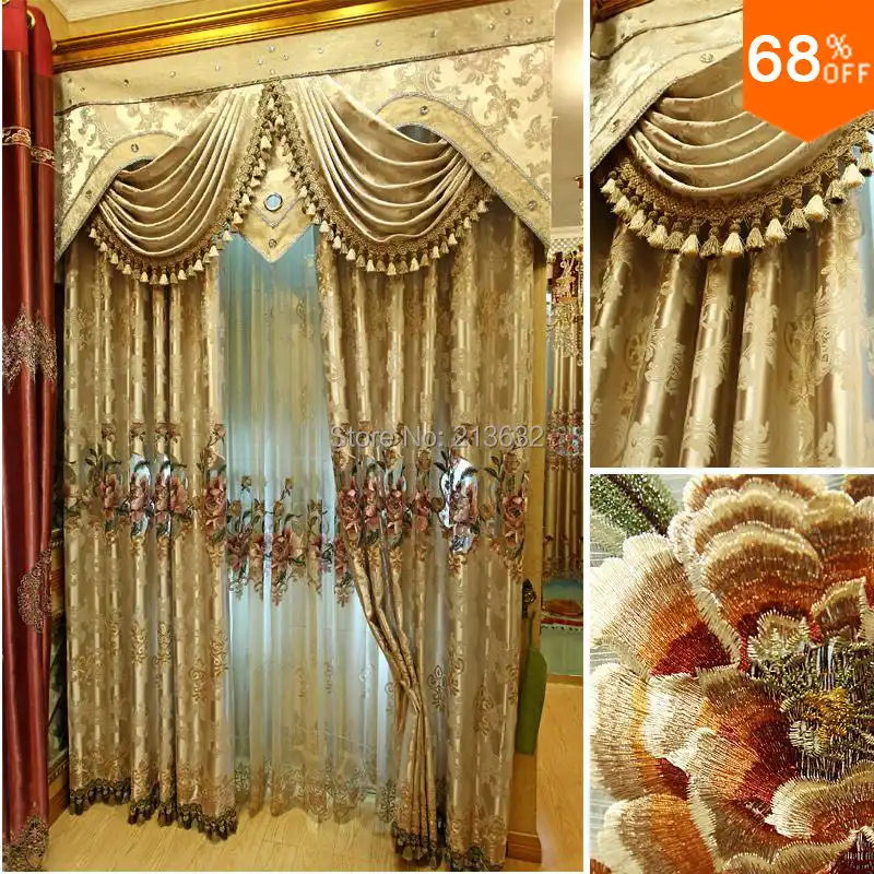 Golden Lace Curtains Flowers Serape Luxury Curtains Tenda Porta