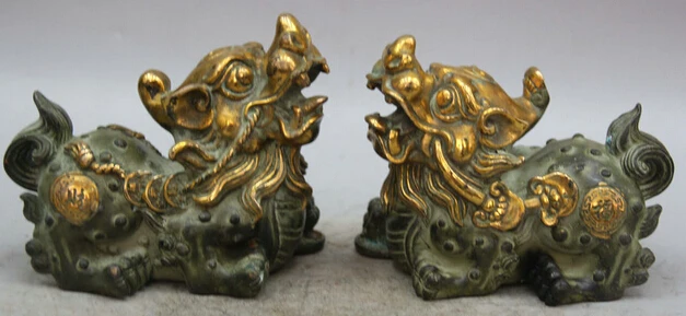 

JP S0522 6" Chinese Bronze Gild Folk Wealth Pi Xiu Unicorn Beast Statue Sculpture Pair (B0413)