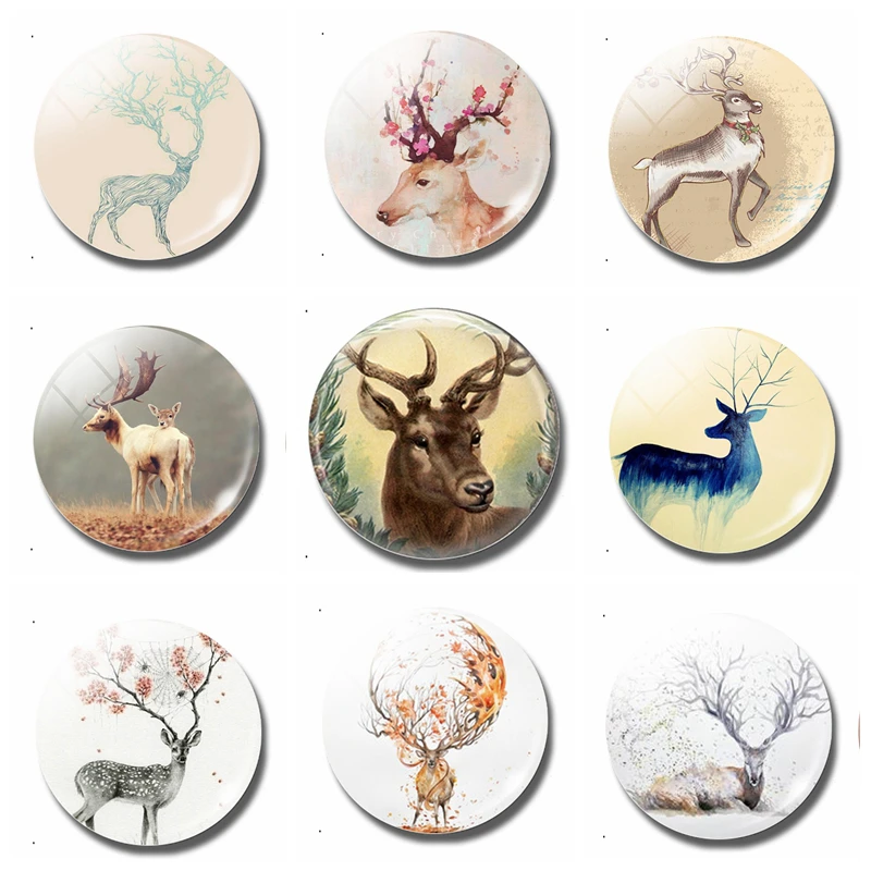 

Vintage Deer Illustration Fridge Magnet Christmas Home Decor 30MM Deer Glass Cabochon Refrigerator Sticker Animal Message Holder