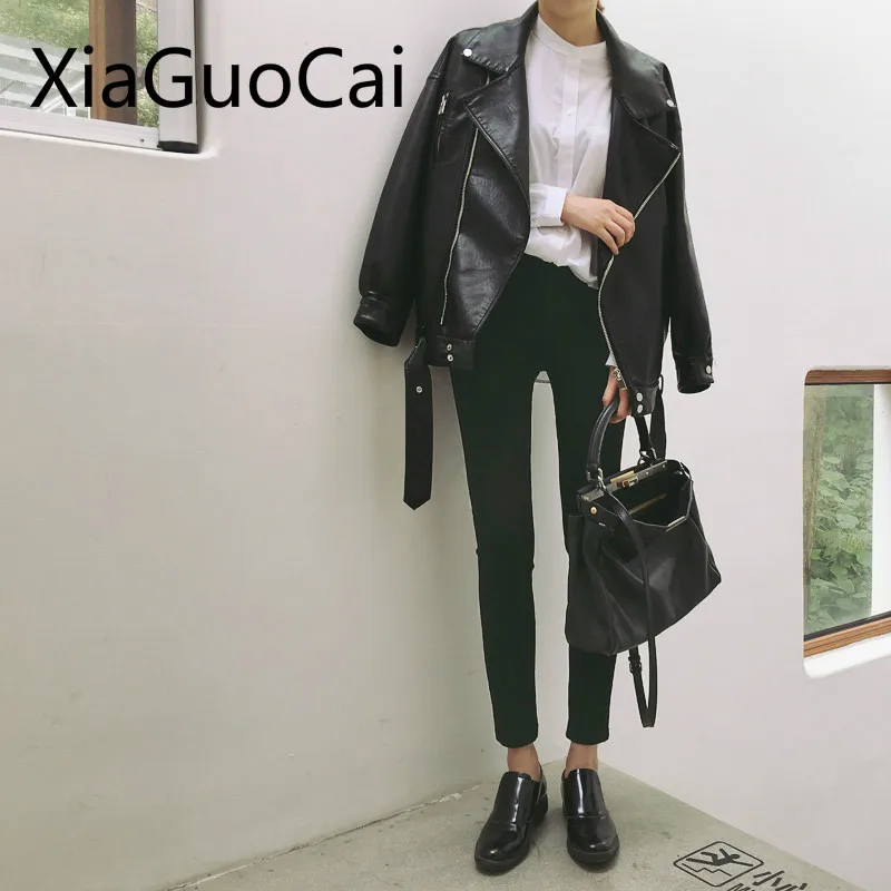Best Zipper Wide-waisted Leather Women Coats Zipper Brand Turn-down Collar Female Jackets Spring and Aut