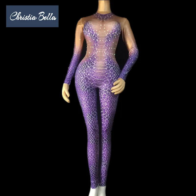 Christia Bella мода фиолетовый Змеиный узор для женщин узкие комбинезоны для Кристалл костюмы для сцены ночной клуб певица танцор костюмы