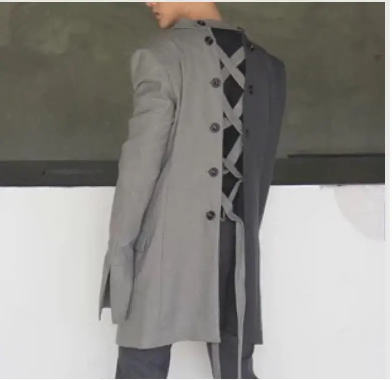 

2018 Original design of double gray multiple wear method stitching strap wide shoulder sleeve jacket M-6XL! Runway fashion