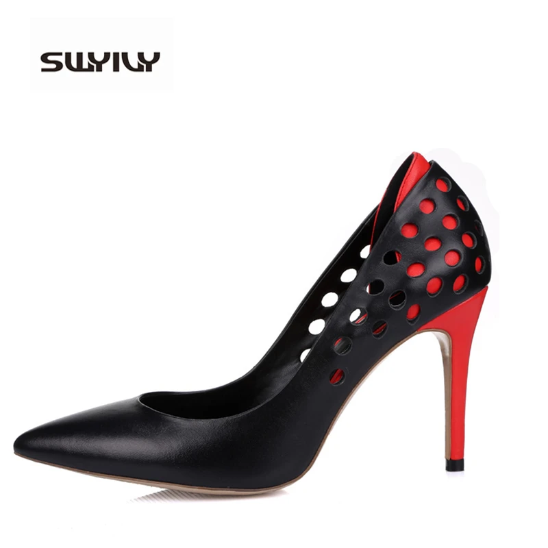 

genuine leather shoes women  super high red heels stiletto pointed toe women high heels pumps with Hollow  low-cut
