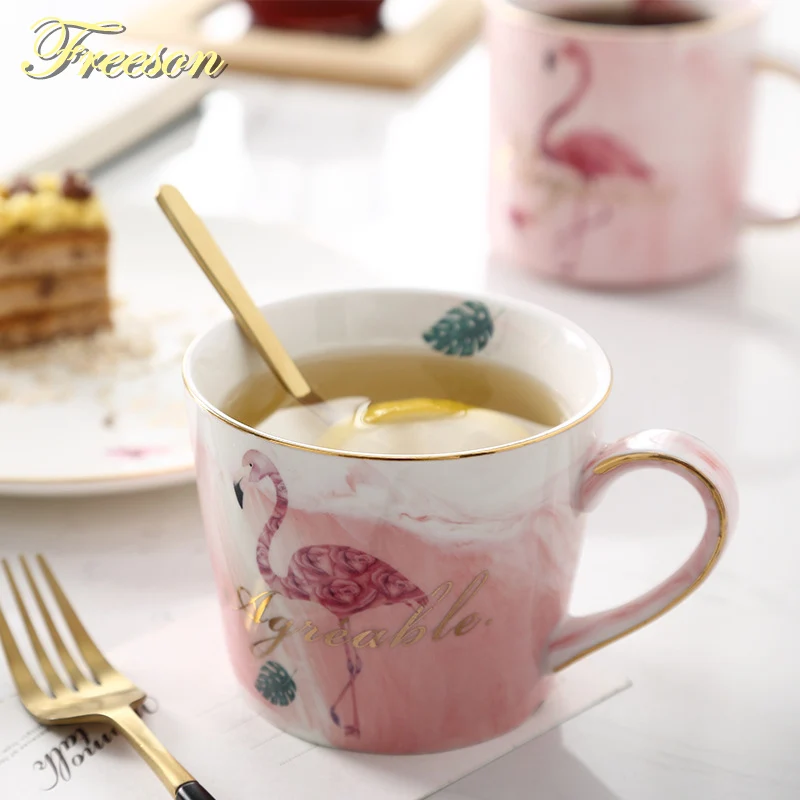 Фламинго, Золотая инкрустация, Мраморная кружка для влюбленных, кофейная кружка, романтическая фарфоровая чайная чашка, керамическая чайная чашка, Валентина, кофейная чашка, стакан, Прямая поставка