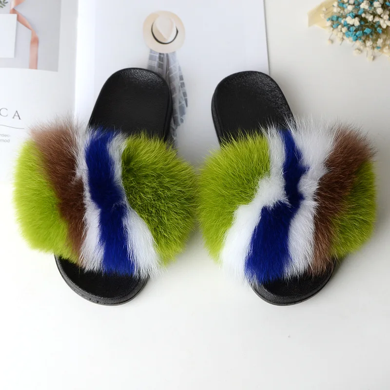 

Popular Fur Slippers Women Real Fox Fur Slides Home Furry Flat Sandals Female Cute Fluffy House Shoes Woman Brand Luxury 2019