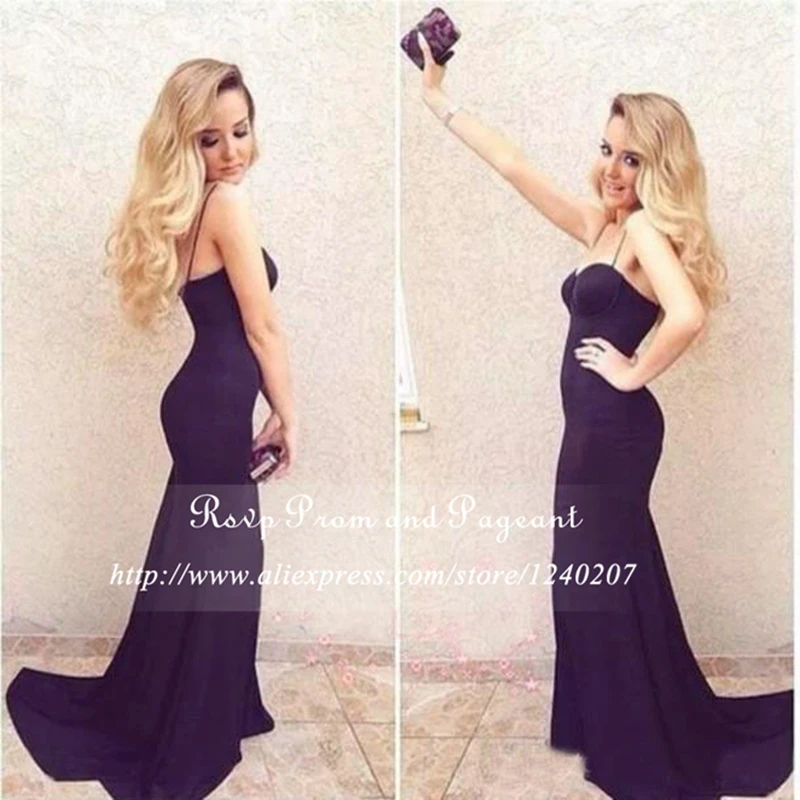 Long Elegant Prom Dresses 2017 Sweetheart Neck Spaghetti Straps Stretch Satin Black Mermaid Prom Dress