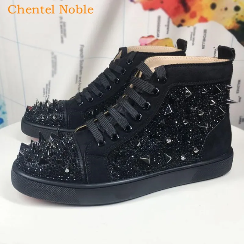 

2018 Chentel Noble New Suede Crystal Rivet Leisure Shoes Walking Sneaker Outdoor Sports Black Red Color Shoes For Men Lace Up