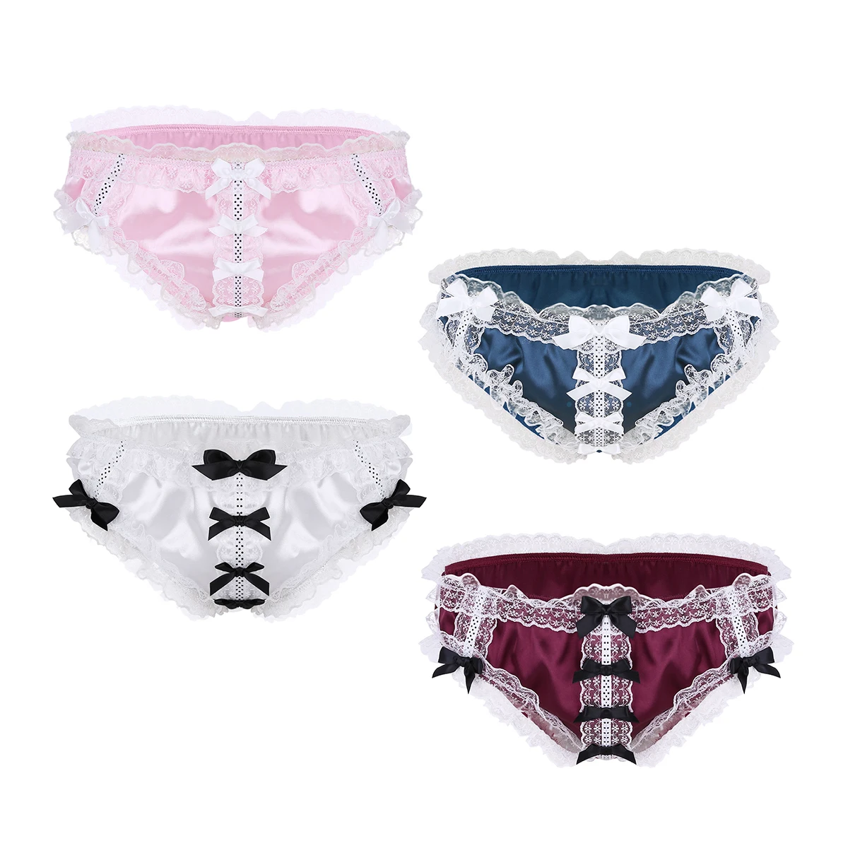 Satin Frilly Panties with Ruffled Floral Lace - Low Rise, Stretchy, Men's Shiny Lingerie image 3