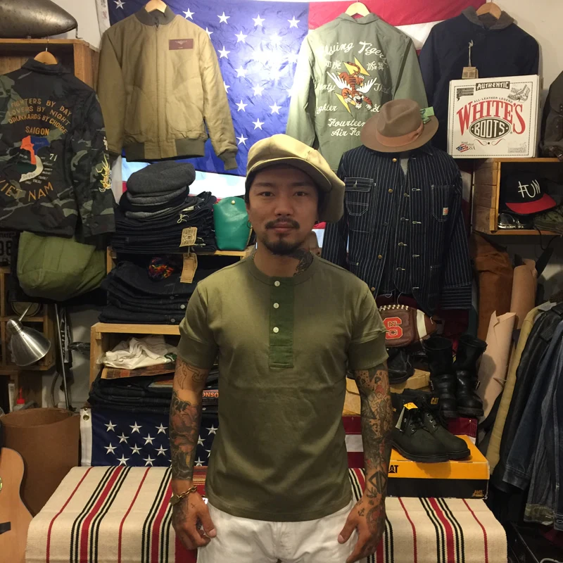 Goedkoop BRONSON Henley T Shirt OUDE TIJD Heren Katoenen Shirt Mannen Korte mouw Draad Tee Slim Fit Tops Casual Vintage Kleding Solid kleur