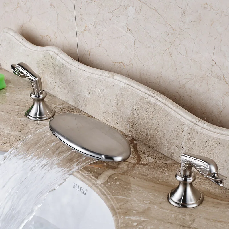 Modern Warerfall Curved Spout Bathroom Faucet Dual Handle Brushed Nickel Hot and Cold Water Taps