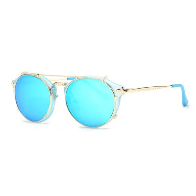 Новая мода ретро двойной флип стимпанк Солнцезащитные очки для женщин клип на солнцезащитные очки винтажные круглые унисекс солнцезащитные очки для мужчин - Цвет линз: blue