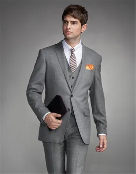 

2018 New Arrival Back Vent Light Grey Groom Tuxedos Notched Lapel Slim Fit Wedding Dress Prom Clothing(Jacket+pants+Vest)