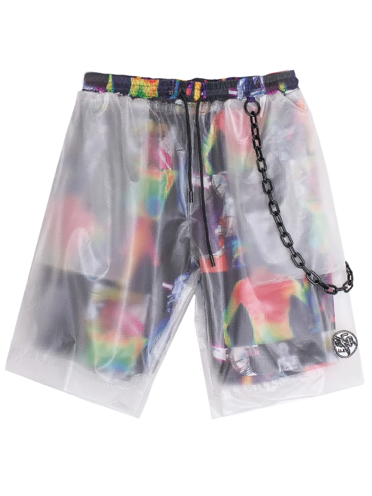 Summer Street Bizarre Stitching Transparent PVC Fake Two PANT, Hip-hop Handsome Broad-legged Five-minute Pants BF Tide