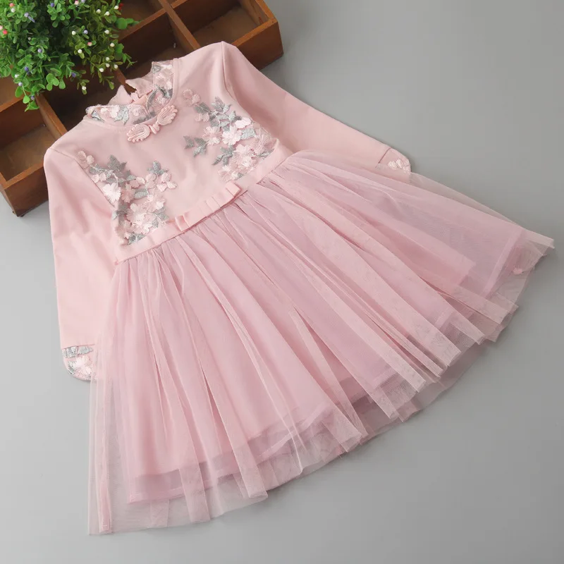 Платье для девочек цветы в китайском стиле платье принцессы с вышивкой брендовая одежда для девочек; одежда для детей; сезон Костюмы платья для девочек бальное платье От 3 до 8 лет - Цвет: Розовый