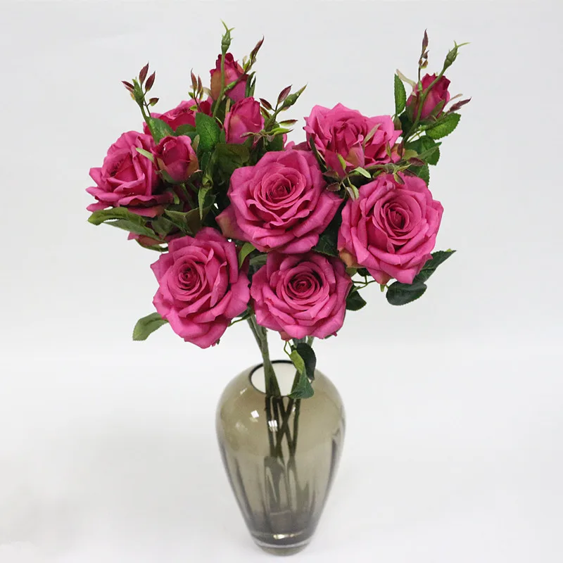 Flone 3 Heads Artificial Rose Flowers Simulation Rose Flower Silk Flower Fake Rose Flower Branch Wedding Home Party Decor Flores (3)