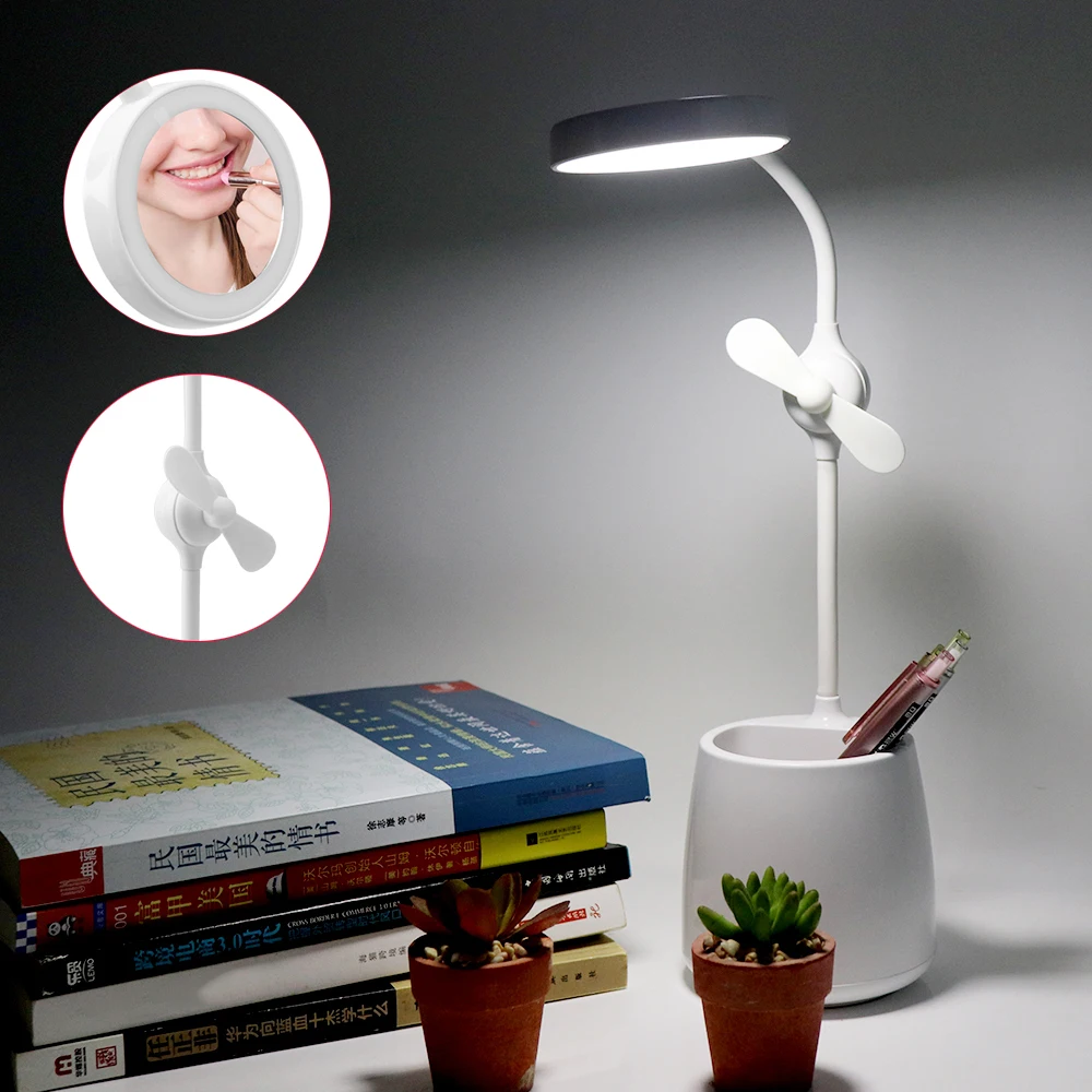 Multifunctional USB Rechargeable LED Desk Light Lamp with Fan Pen
