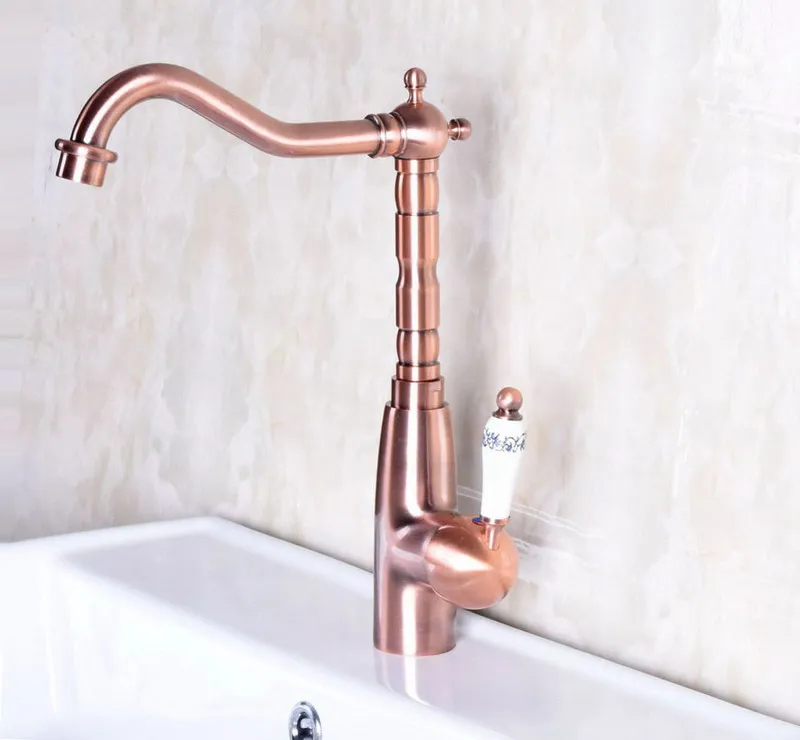 Antique Red Copper Brass Single Ceramic Handle Bathroom Kitchen Basin Sink Faucet Mixer Tap Swivel Spout Deck Mounted mnf132