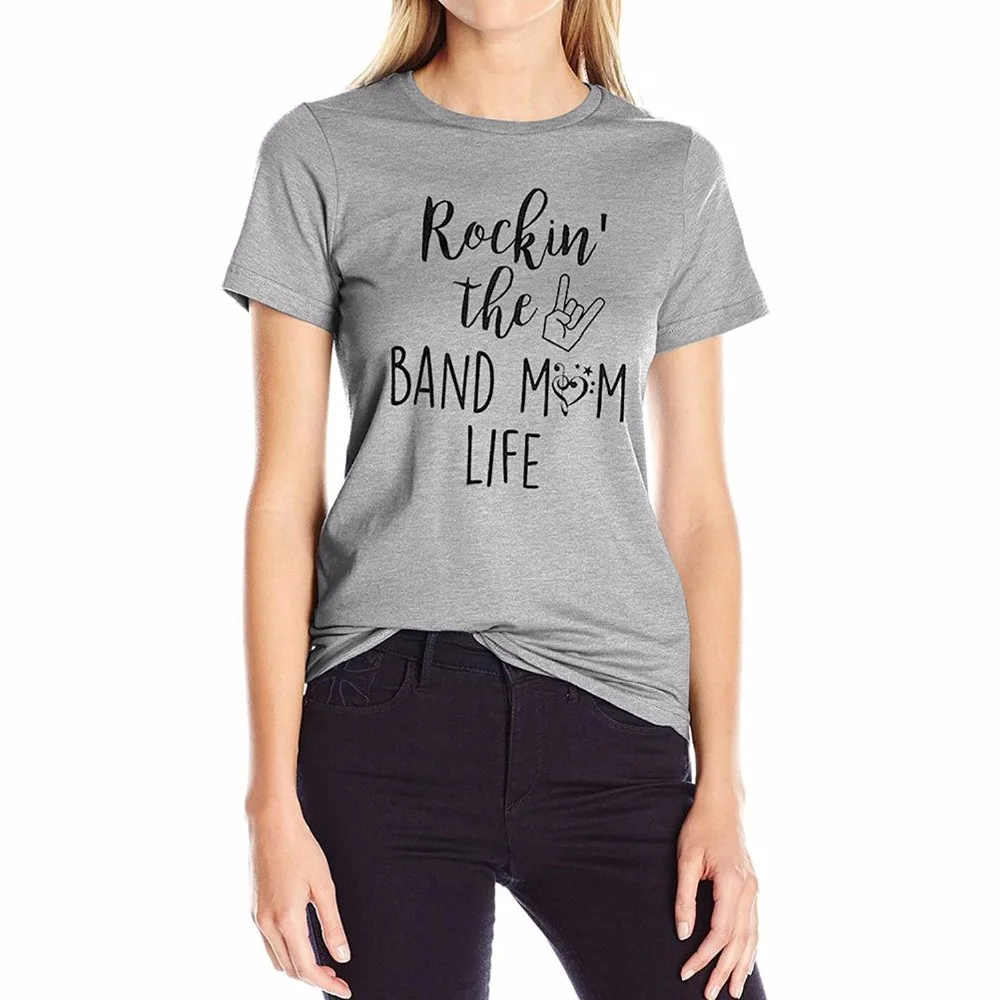 SCX Women's Letter Print Rockin' The Band Mom Life Short Sleeve Loose Grey T-Shirts Mama Gift