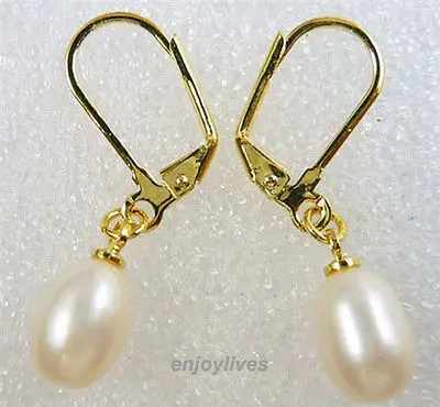 

Free shipping Genuine White Pearl Yellow Gold Plated Hook Earrings 6.10