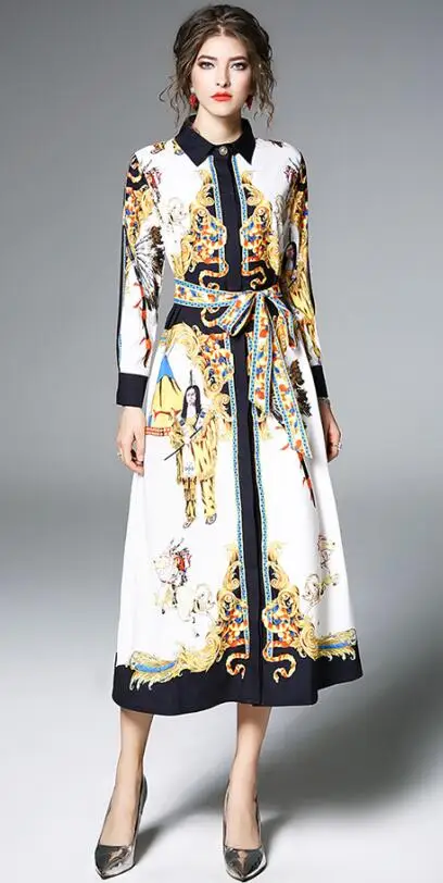 2019 autumn women's new shirt style color printing chiffon dress women dress