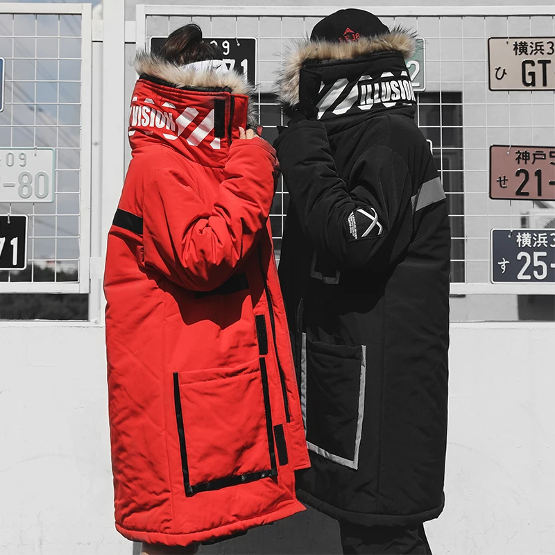 Couple Winter Fur Collar Long Parkas Jacket Men Streetwear Fashion Casual Hip Hop Thick Jacket Male Cotton Padded Coat Outerwear
