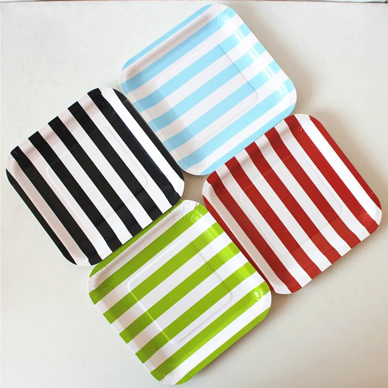 

12pcs 7inch Candy Stripe Square Tray Paper Plates Disposable Party Tableware Set Supplies Children's Birthday Wedding Decor Dish