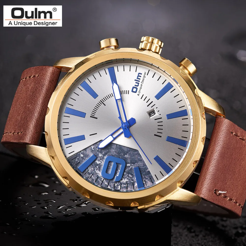 

Oulm New Fashion Auto Date Genuine Leather Men's Wrist Watches Luxury Brand Gold Black Case Big Size Male Quartz Clock Watch Man