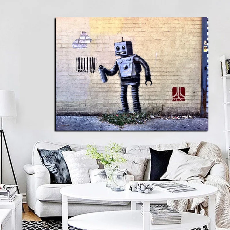 Robot and Barcode Abstract Street Graffiti from Banksy Printed on Canvas
