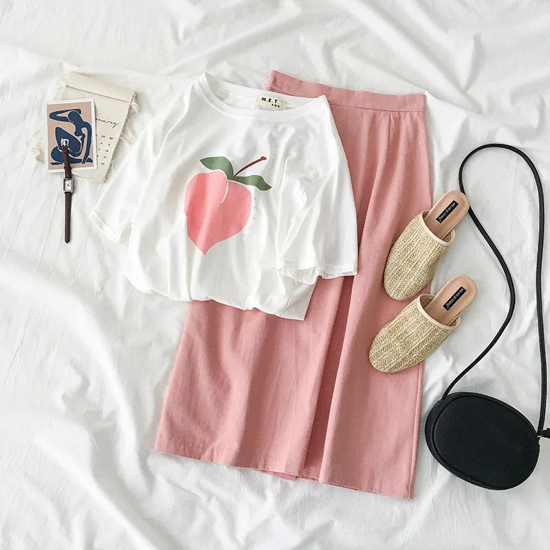 Ulzzang Kawaii персиковая футболка с графическим принтом для женщин Элегантный дизайн свободный короткий рукав топы корейские повседневные Летние футболки для школьниц