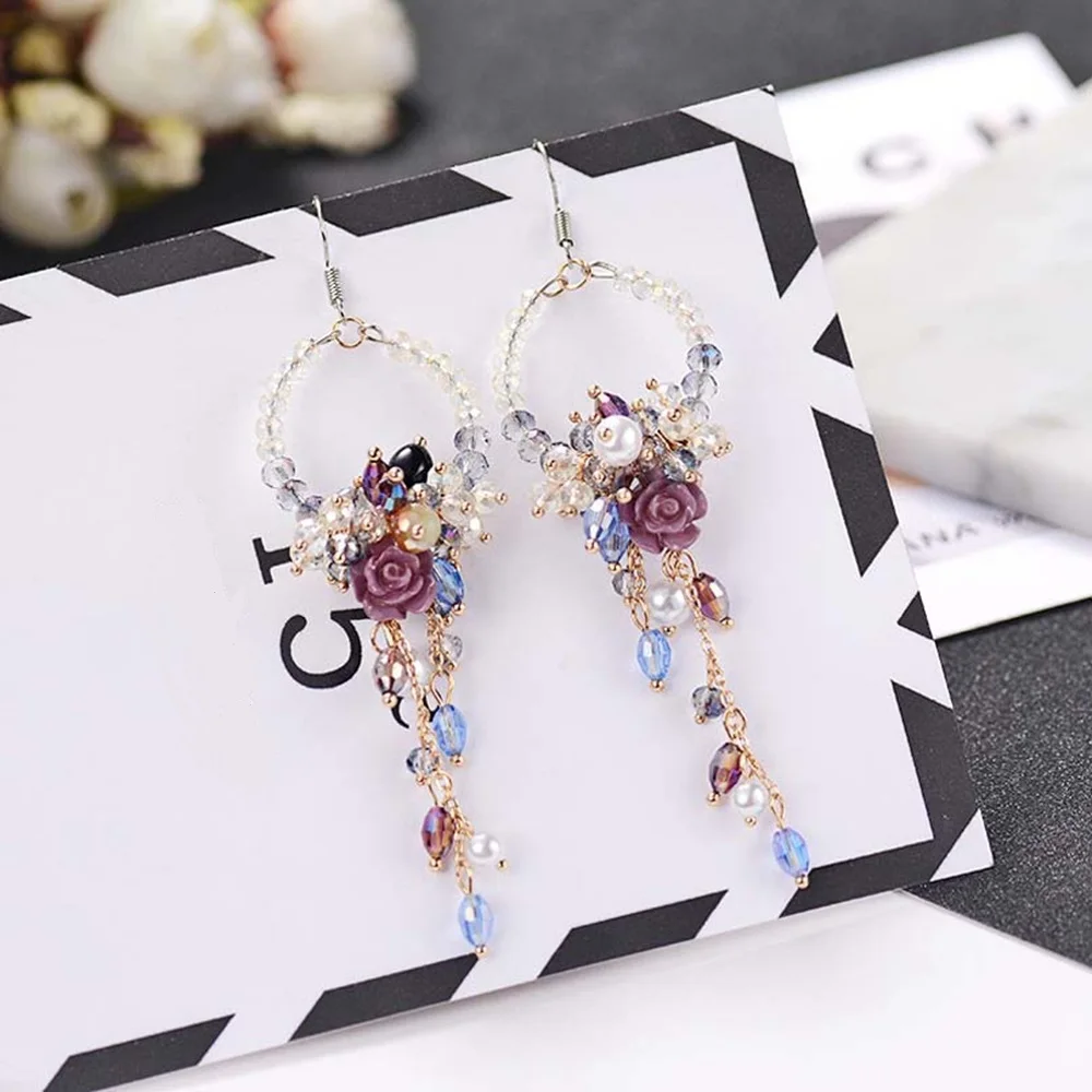 

New Fashion 1 Pair Statement Flower Crystal Bead Tassel Fringed Earrings For Women Rhinestone Long Chain Crystal Drop Earrings