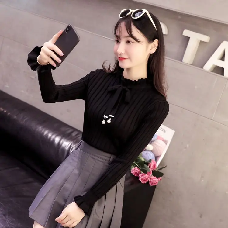 Casual Spring Slim Sweater Winter Knitted Sweater New Lace Up Flare Long Sleeve Ruffle Knitting Pullover Women Sweaters - Color: Black