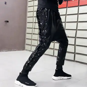 

Punk rock cross strap trousers mens pu pants personality Cross harem pant mens feet trousers faux leather street novelty black