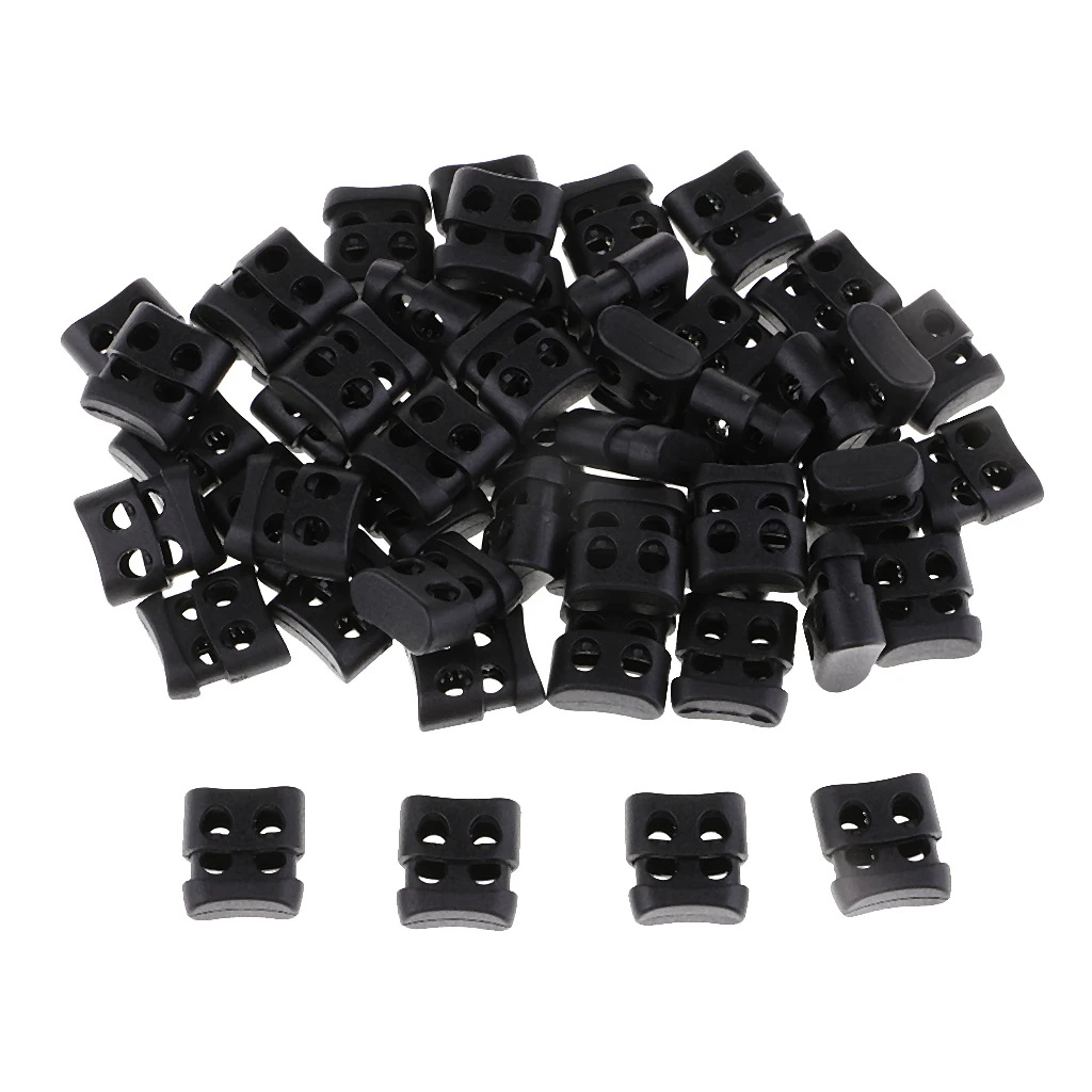 fityle 50pcs Black Plastic Non-slip Double Hole String Cord Locks for Shoelace Bags Pants Hole Diameter 4mm