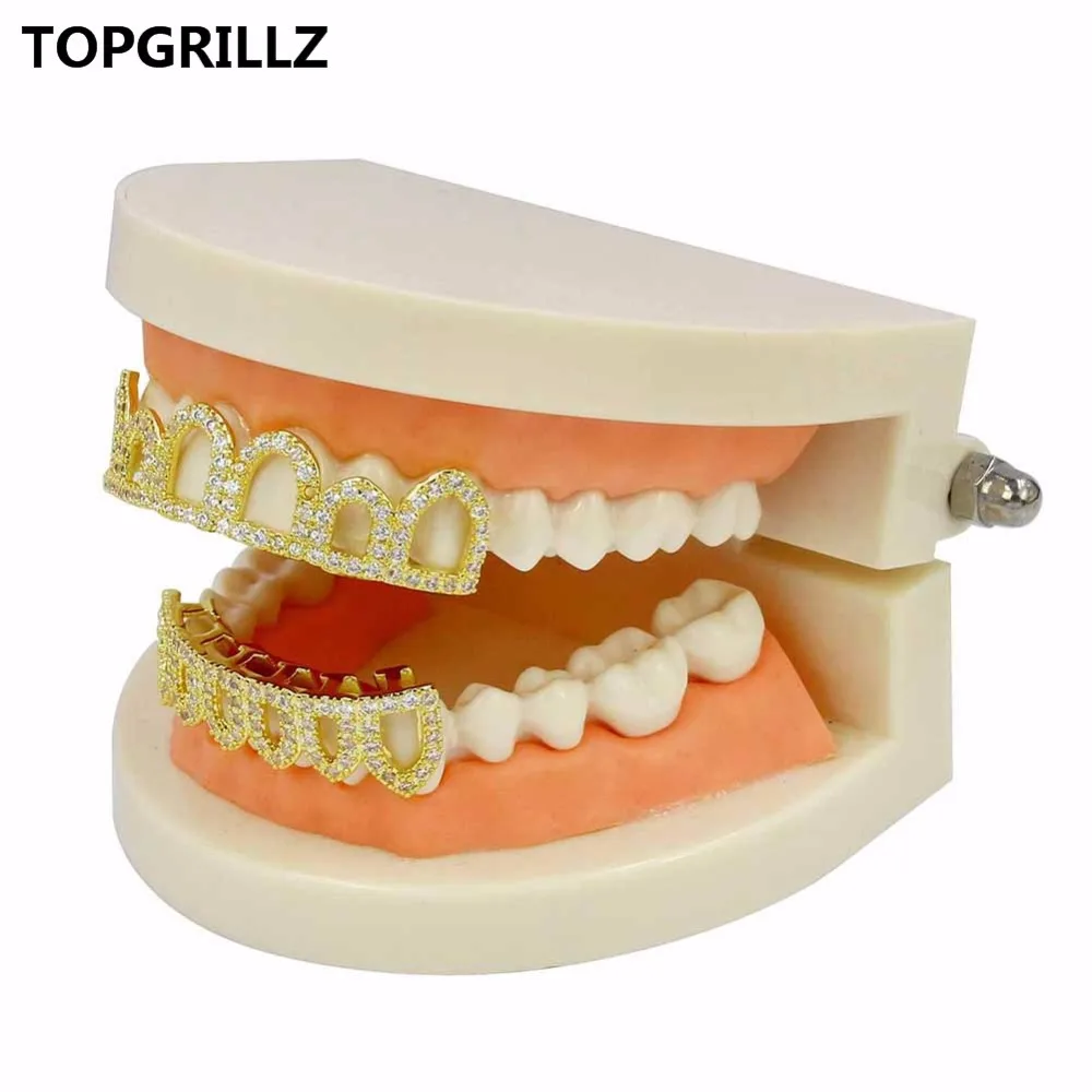  TOPGRILLZ Pure GOLD Color Plated Hip Hop Micro Pave CZ Fang Hollow Top & Bottom GRILLZ Vampire Teet