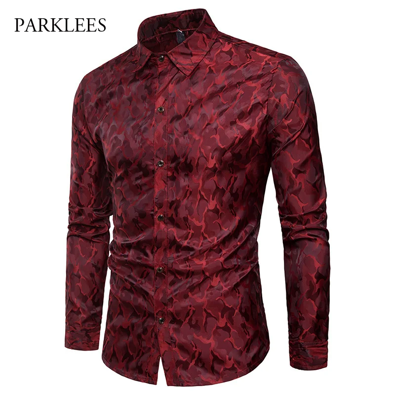 Aliexpress.com : Buy Mens Silk Satin Dress Shirts 2019 Spring Wine Red ...