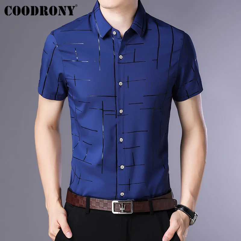 COODRONY, мужская рубашка с коротким рукавом, Camisa Masculina,, летняя крутая рубашка, Мужская одежда, деловые повседневные рубашки, Chemise Homme S96033 - Цвет: Синий