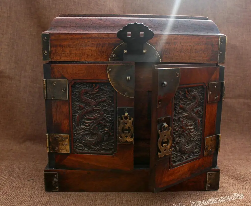 25cm Collect Chinese Old Huanghuali Wood Dragon Boxes Box Jewelry Box