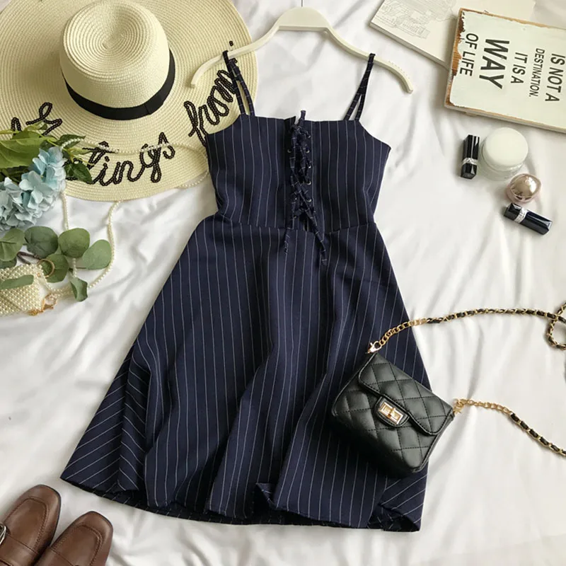 

2019 summer new elegant bandage women striped A-line party dresses top quality