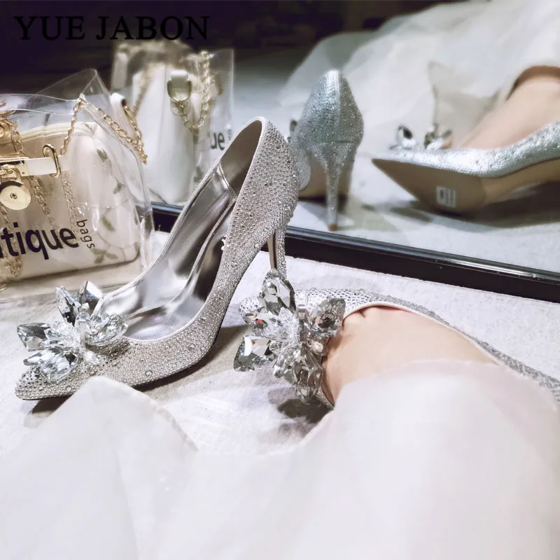 New Cinderella Crystal Shoes Silver Red Gold Rhinestone Wedding Shoes Bridal Pointed High Heels Stiletto Wedding Shoes 2019