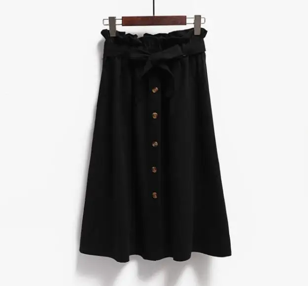Fitaylor, летние женские юбки,, длина до колена, трапециевидная юбка, Женская однобортная юбка с поясом, Повседневная Эластичная юбка с высокой талией - Цвет: Black