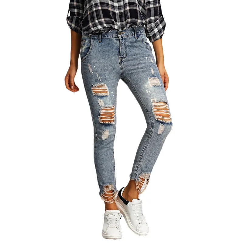 Hole Scratched Distressed Ripped Jeans Women Vintage Deep